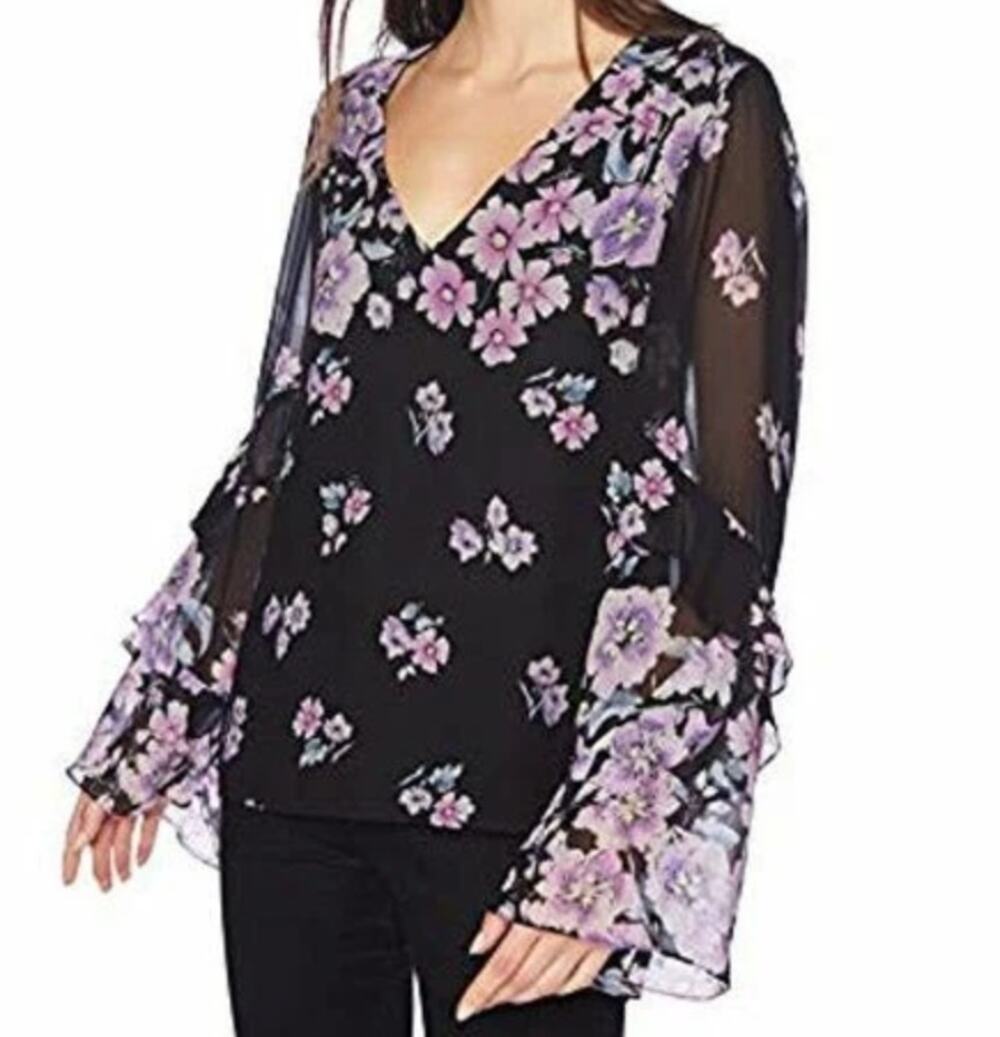 Nanette Lepore Zen Floral Silk Blouse Black Pink Sheer Large Fairy Feminine